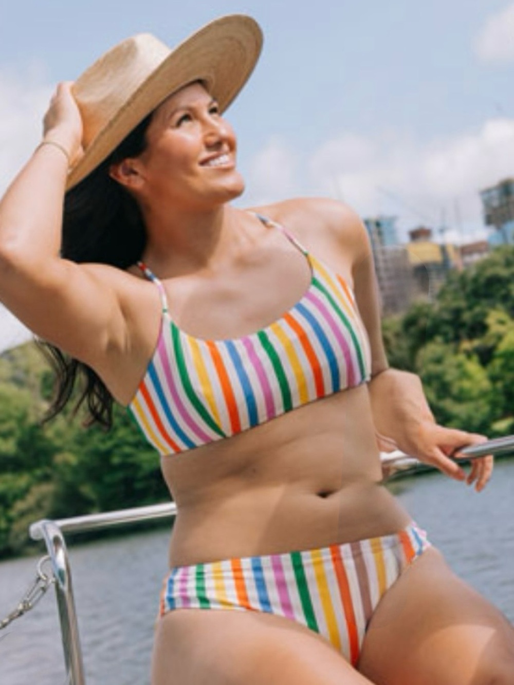NWTS Andie Tienda Rainbow Striped Two Piece Swimsuit Top Medium Bottoms Large